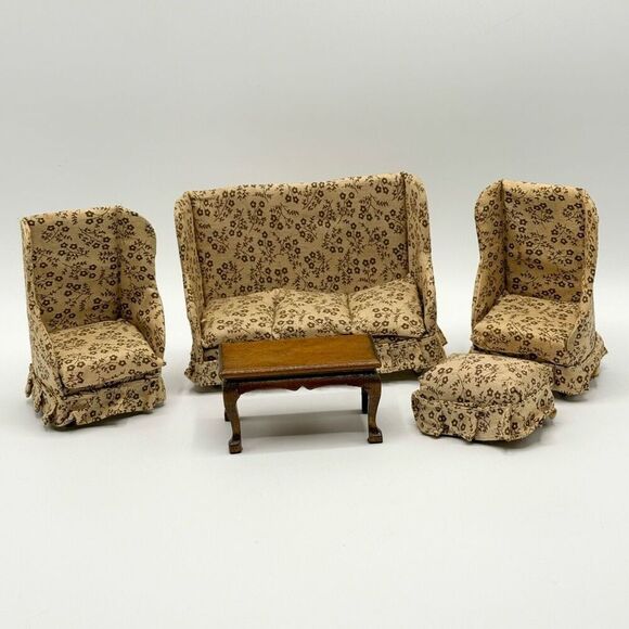 Vintage No Brand Dollhouse Miniature Upholstered Living Room Set - Picture 1 of 6